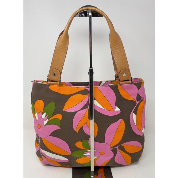Kate Spade Pink Orange Brown Vintage Floral Inspired Tote Double Leather Handle - Picture 2 of 16